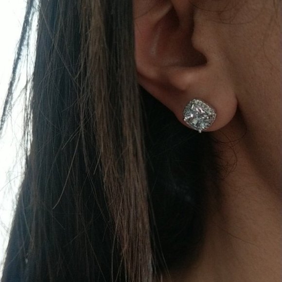 Silver Diamond Halo Cushion Stud Earrings, NEW - Picture 7 of 10